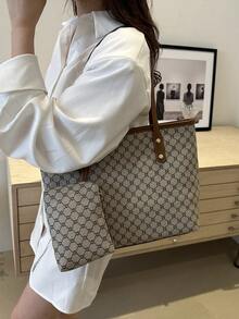 Bolso clásico y elegante tipo tote con billetera larga, bolso de mujer con textura elegante, regalo del Día de San Valentín - Caqui - Ver 2