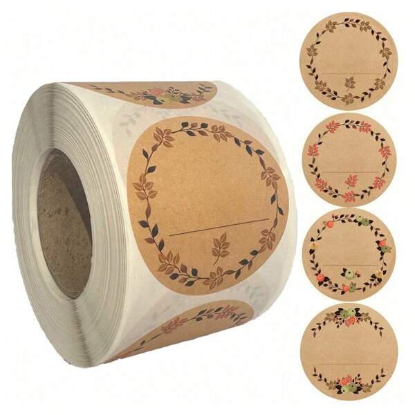 500 peças por rolo Etiquetas de Papel Kraft, Adesivos de Padrão de Guirlanda Redonda, Etiquetas para Latas, Etiquetas para Armazenamento de Alimentos, Etiquetas Adesivas para Sacos de Presente
