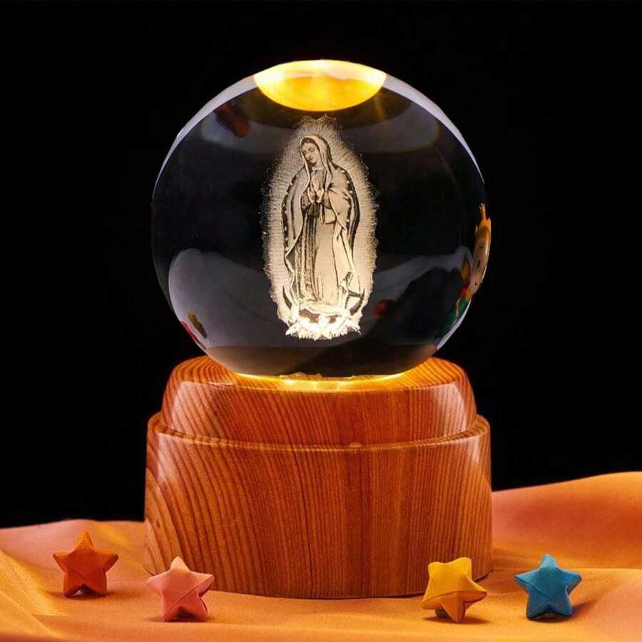 Esfera 3D Giratoria de 6CM Decorativa con Base de Madera Plástica y Luz LED Cálida