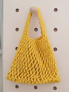 1 pieza Bolsa de malla de poliéster con base de punto de unicolor, ligera, espaciosa, diseño lindo y elegante, adecuada para mujeres, estudiantes, maestros como regalo, uso diario, viajes, todo el año - Amarillo - Ver 11