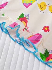 2 件女童彩色鸡蛋印花睡衣套装，儿童可爱连体衣配领扣衬衫，适合所有季节、家居服和派对 - 杏色 - 查看 7