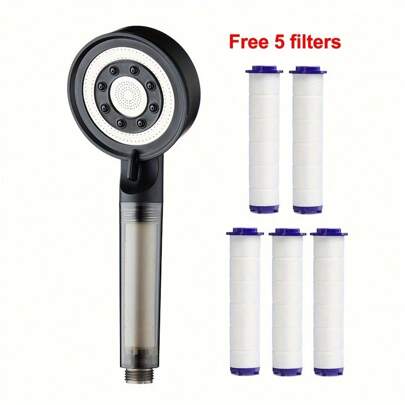 [Customer Favorite] 1pc 5 Water Modes Bathroom Shower Head For Home Use, Bathroom Shower Gun, High Pressure Water Gun, Pressure Spray Nozzle, Filtered Shower Head, With 5 Extra Filters, Light And Small Shower Head For Easy Carrying, Suitable For Caravans, Camping Outdoor Bathing Equipment, Bathroom Accessories. Does Not Include Hose And Bracket