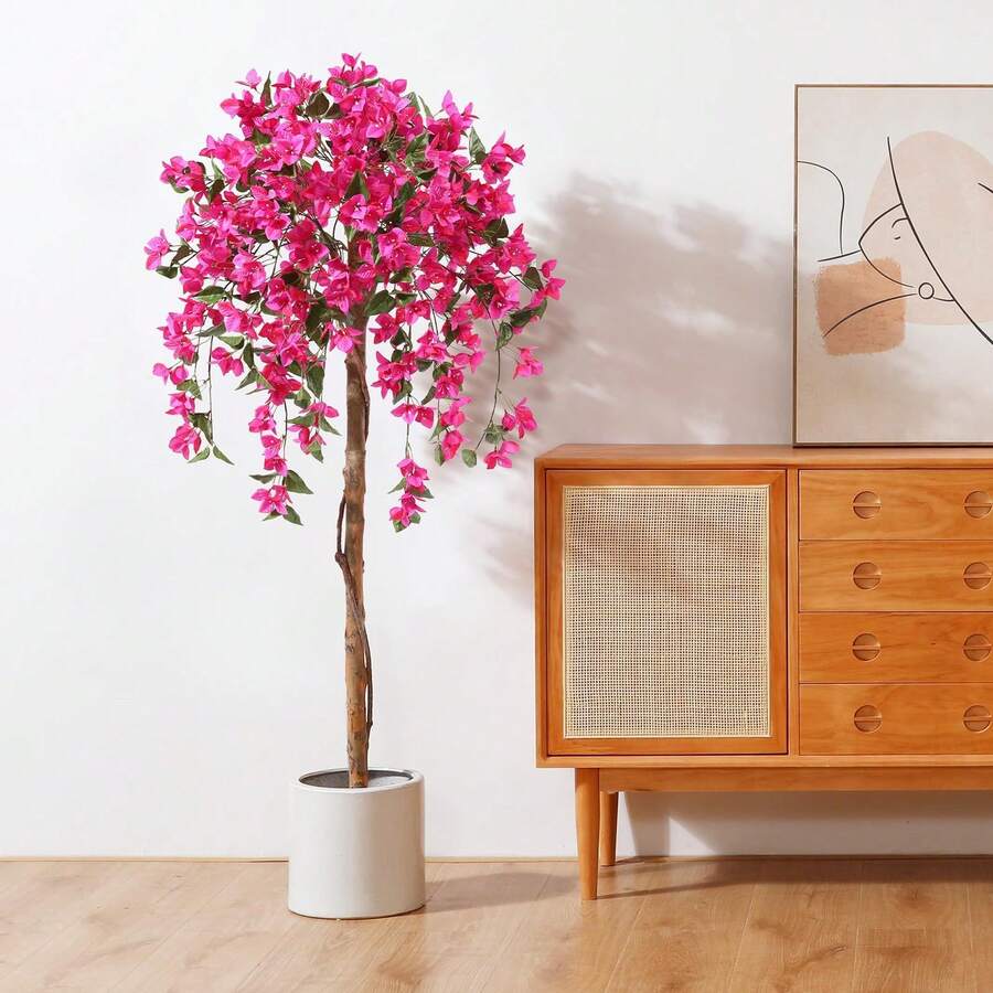 5FT Artificial Tree Tall Potted Fake Bougainvillea Trees For Outdoor Indoor Office Wedding Home Decor Lifelike Faux Plants With Wood Trunk And Pink Flowers - 綠色 - 查看 1