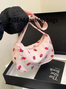新款时尚女士单肩包，草莓印花灯芯绒面料轻便腋下包，时尚百搭，适合约会、购物 - 粉色 - 查看 7