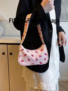 新款时尚女士单肩包，草莓印花灯芯绒面料轻便腋下包，时尚百搭，适合约会、购物 - 粉色 - 查看 4