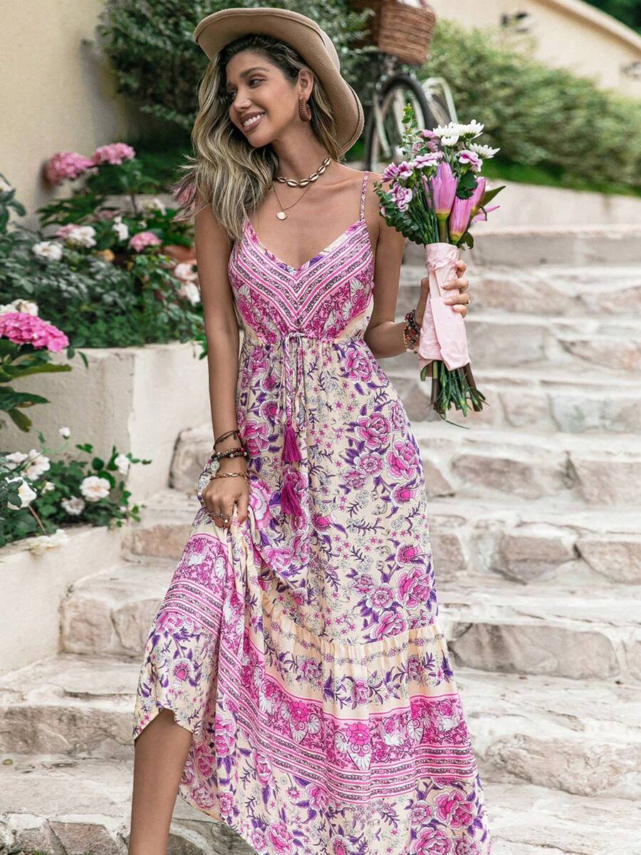 Women Purple Floral Tall Waist Drawstring Fringe Slip Dress Beach Holiday Picnic Valentine's Day Wedding Season Coachella Music Festival - Nhiều màu - Xem 1