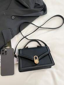 Arrow Design 时尚 PU 皮革手提包，2025 新款韩版托特包，纯色斜挎单肩包，小方包 - 黑色 - 查看 8