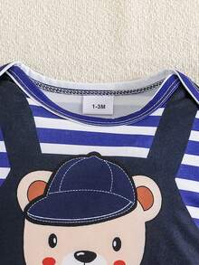 1 pieza Pelele de manga larga con pies para bebé recién nacido niño con estampado de oso y rayas azul marino, elegante y minimalista, apto para todas las estaciones - Azul Marino - Ver 3