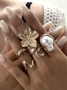 5pcs Baroque Pearl Rhinestone Ring Set, Liquid Lava Flower Open Ring Design, Suitable For Parties, Gift Giving, And Daily Wear