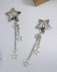 Pair Of Star Chain Hair Clip Silver Star Clip Punk Grunge Style Star Pendant - Silver - View 3