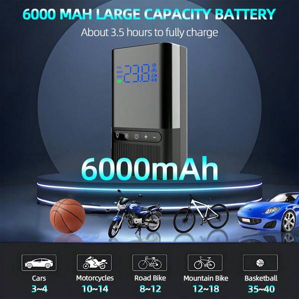 EE-ACE Inflador de neumáticos para bicicleta eléctrica - Bomba de aire portátil de 150 PSI con manómetro, bomba eléctrica de 6000mAh con válvula Schrader/Dunlop/Presta para bicicletas de carretera, montaña, bicicletas eléctricas, motocicletas y balones