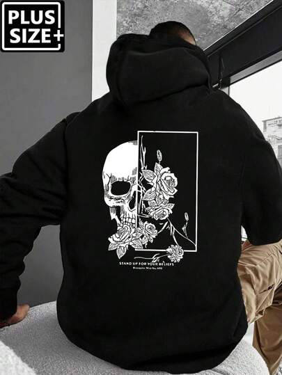 Plus Size Men's Casual Hoodie With Skull And Floral Print, Thin Drawstring Pullover For Autumn And Winter, Regular Fit, With Front Pockets And Slight Stretch, Long Sleeve Top