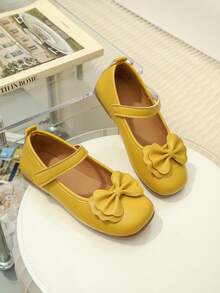 1 Pair Yellow Bow Girls' Shoes With PU Bound Toe, Adjustable Hook-And-Loop Design, Round Toe, TPR Non-Slip Sole, Comfortable & Lightweight, Solid Color, Suitable For 5-14 Years Old Girls, Campus, Activities, Formal Occasions And Daily Wear - Yellow - View 4