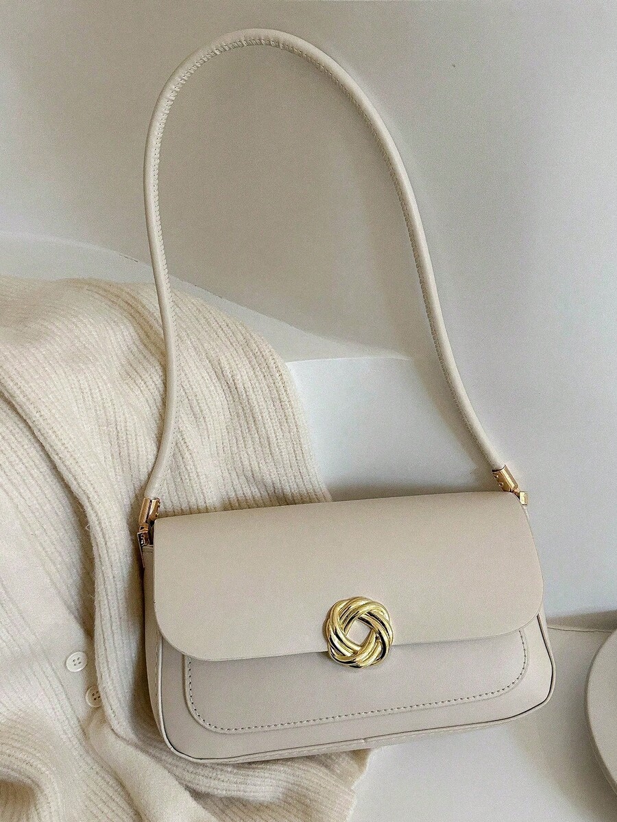 Elegante Bolso De Hombro Retro Decorado Con Herrajes Redondos De Color Sólido - Beis - Ver 1
