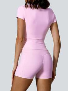 NcmRyu 1 Set Solid Color Women's Casual Sports Fitness Sweet Short Sleeve Top And Booty Shorts Set Comfortable Activewear For Fitness Gym Running And Outdoor Activities Spring Summer - 粉色 - 查看 7