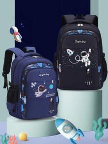 1 Pieza Bolsa de viaje grande con cierre de cremallera, protección para la espalda y diseño de astronauta de dibujos animados para niños y niñas, de uso diario - astronauta - Ver 2