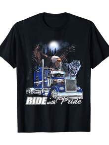 Camiseta Ride With Pride Trucker Águila Lobo - Cómoda, Cuello Redondo, Casual, Estampado, Moda, 220g, 100% algodón - Negro - Ver 1