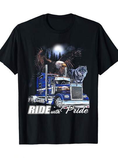 Camiseta Ride With Pride Trucker Águila Lobo - Cómoda, Cuello Redondo, Casual, Estampado, Moda, 220g, 100% algodón