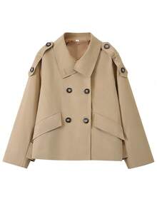 Abrigo de trinchera de mujer con cuello alto y doble botonadura en color caqui - Chaqueta de manga larga con bolsillos para uso diario, prenda exterior de moda para otoño e invierno