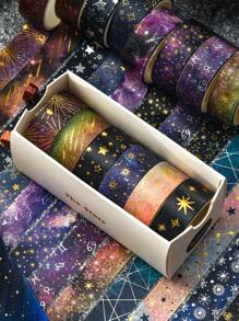 12/6rolls/Box Galactic Splendor Star Washi Tape, Scrapbook Supplies Tape Dispenser Washi Tape, Starry Sky Bronzing Washi Tape Set With Dream Planet Design(0.59*78.74in) School Supplies, Back To School
