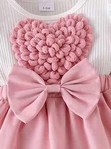 Baby Girl Sweet Cute 4pcs Set, 3D Embroidered Heart & Bow Decor Contrast Color Splice Ruffle Bodysuit Dress With Bow Headband And Decorated Socks