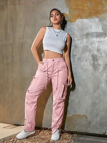 女士弹力腰带抽绳工装裤，带翻盖口袋、拉链细节、金属纽扣和开衩裤脚，Y2K音乐节风格 - 粉色 - 查看 4