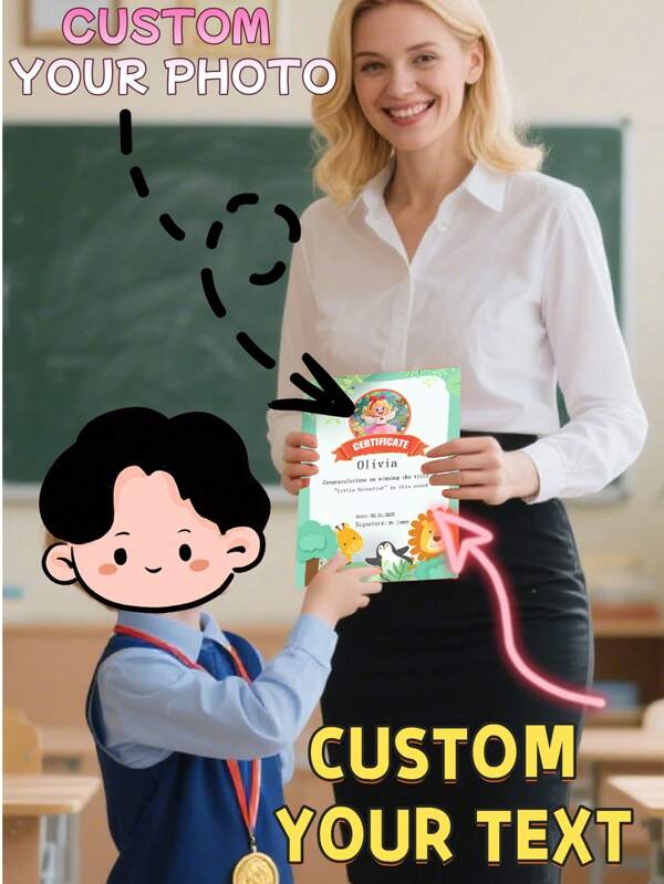 6pcs Customizable A4 Size Portrait & Text Award Certificate Stickers, Can Edit The Certificate Template, Paste-On Sticker Certificate, Suitable For Kindergarten, Elementary School, Back To School, Teachers, Inspirational, Encouragement, Student Progress Award