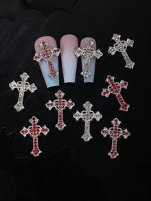 10 件欧美风格水钻合金心形十字架指甲饰物，Y2K 金属风格 DIY 大号指甲宝石，3D 艺术指甲钻石首饰指甲配件美甲用品美甲用品 - 彩色 - 查看 5