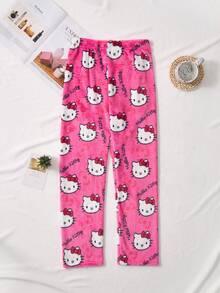 Sanrio Pantalones de pijama de felpa con estampado de Hello Kitty de Sanrio para mujer, pantalones de estar por casa versátiles y dulces de color fucsia, con un estampado de dibujos animados lindos y una sensación suave y amigable con la piel, adecuados para todas las ocasiones, regalo esencial para parejas, mejores amigos, cumpleaños, vacaciones, otoño e invierno