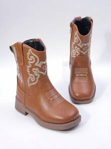 Girls High Boots/Mid Calf Boots With Embroidery, Block Heel, Color Splicing, Side Zipper, For Girls, Suitable For Autumn/Winter - Brown - View 5