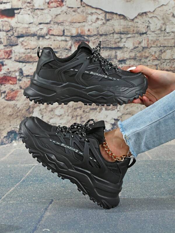 Black Versatile Casual Platform Walking Shoes, Breathable Comfortable Light-Weight Women's Sneakers, Suitable For Party, Valentine's Day, New Year's Gift, Increase Height Chunky Chunky Sneakers