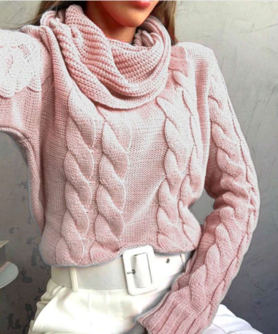 Knitted Blouse Boba Collar High Neck Blogger Braids - 乾枯玫瑰色 - 查看 1