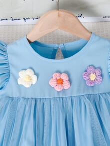 Kleine Mädchen Ferienkind 3D Blumen gerüschtes Meshkleid für den Sommer, blauer traumhafter Mesh Blumenrock aus Tüll, Kleine Mädchen Geburtstags Party Kleid, Fotoshooting Outfit, süß & weich, Prinzessinstil, Tüllkleid, leichtes festliches Kleine Mädchenkleid, Geburtstags Party Kleid, Blumendekoration, Meshkleid