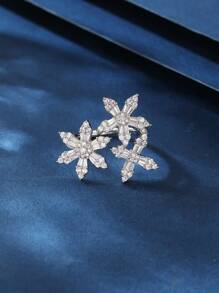 1pc Copper Material Zirconia Snowflake Design Open Ring, Fashionable And Elegant, Suitable For Gifts, Women's Daily And Holiday Wear