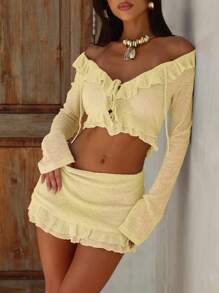 Summer Sexy Ruffle Trim Long Sleeve Skirt 2 Pieces Set For Ladies