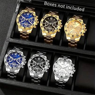 Set de 6 piezas/3 piezas Relojes de cuarzo personalizados de color dorado y plateado mixtos para hombres, adecuados para uso diario, fiestas, San Valentín, Pascua, como regalo para amigos y familiares