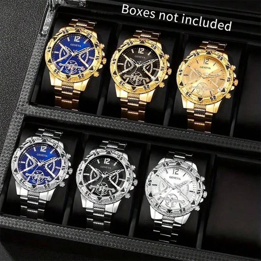 Set de 6 piezas/3 piezas Relojes de cuarzo personalizados de color dorado y plateado mixtos para hombres, adecuados para uso diario, fiestas, San Valentín, Pascua, como regalo para amigos y familiares - Multicolor - Ver 1