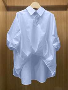 Women's Solid Button-Up Shirt - Asymmetric Hem Collared Short Sleeve Blouse For Casual/Date Nights/Parties, Spring-Fall Versatile Wardrobe Staple - Blue - View 10