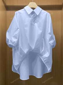 Women's Solid Button-Up Shirt - Asymmetric Hem Collared Short Sleeve Blouse For Casual/Date Nights/Parties, Spring-Fall Versatile Wardrobe Staple