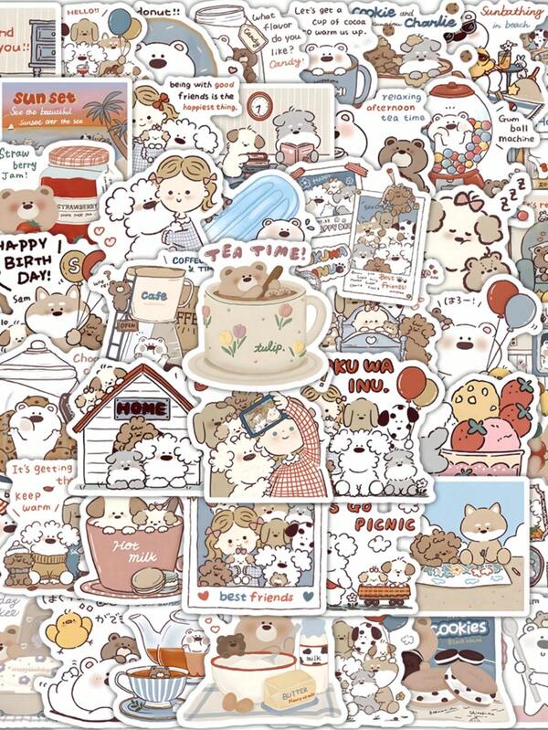 50 Pcs In Set Cartoon Character Stickers, Healing Little Bear And Dog Stickers, Phone Cases, Refrigerators And Suitcases