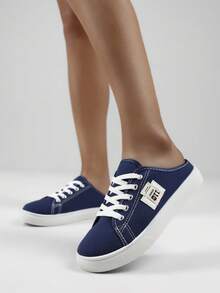 Women's Solid Canvas Slippers, Platform Round Toe All-Match Lace Up Breathable Slip On Shoes, Women's Footwear - Blue - View 3