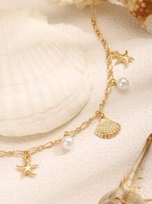 1 pieza Pulsera elegante y linda de niñas con estilo océano creativo, con colgantes de concha, estrella de mar y perla falsa, ideal para uso regular, vacaciones de playa y verano
