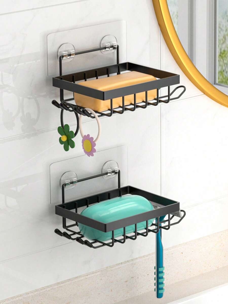 1/2 件免钻浴室皂盒架，自粘式皂架，浴室置物架，浴室壁挂式皂液器，返校季 - 黑色 - 查看 1