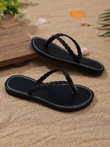 1 双幼儿黑色编织平底凉鞋，柔软 PU 材质，简约设计，防滑 TPR 外底，圆头，一脚蹬，适合女婴/男婴，日常休闲、海滩、度假、聚会，2025 年新品 - 黑色 - 查看 6