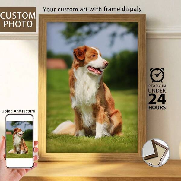 1 Pieza, Foto personalizada, Marco de madera de plexiglás pulido, Retratos personalizados de mascotas, perros, gatos y pinturas decorativas artísticas, Póster de lienzo impreso personalizado, Perfecto para familias, parejas, recuerdos de mascotas y un regalo perfecto para aniversarios