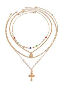 4 Pieces Colorful Gemstone Pearl Sun Cross Gorgeous Fashion Metal Silver Women's Necklace Set, Suitable For Banquet Dance Party Concert Match Daily Clothing Accessories - 銀色 - 查看 7