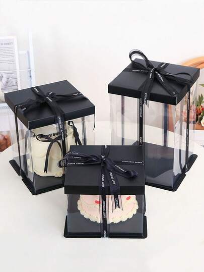 1pc Party Holiday Gift Packaging Box, Thick PET Material 1-Layer, 2-Layer, 3-Layer Gift Storage Box (Includes 1pc Random Black Ribbon), Suitable For Birthday Party, Wedding Cake, Pastries, Floral Bouquets, Collectibles, Snacks, Gifts, Halloween, Christmas, Valentine's Day, Mother's Day, Thanksgiving