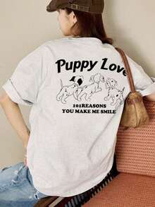 夏季新款休闲宽松英伦小狗印花短袖女式T恤上衣 - 淺花灰 - 查看 7