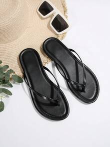 Women's Fashion Round Toe Flip Flops, Solid PU Leather Material, Summer New Arrival Versatile Flat Sandals Suitable For Outing, Dating, Holiday, Home, Casual, Commuting, Party - Black - View 7