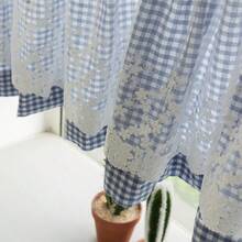1pc Blue Plaid Voile Short Curtain, Pastoral Style Cute Pink Lace Curtain With Rod Pockets, Decorative Window Curtain For Living Room, Bedroom, Valance - Blue - View 9